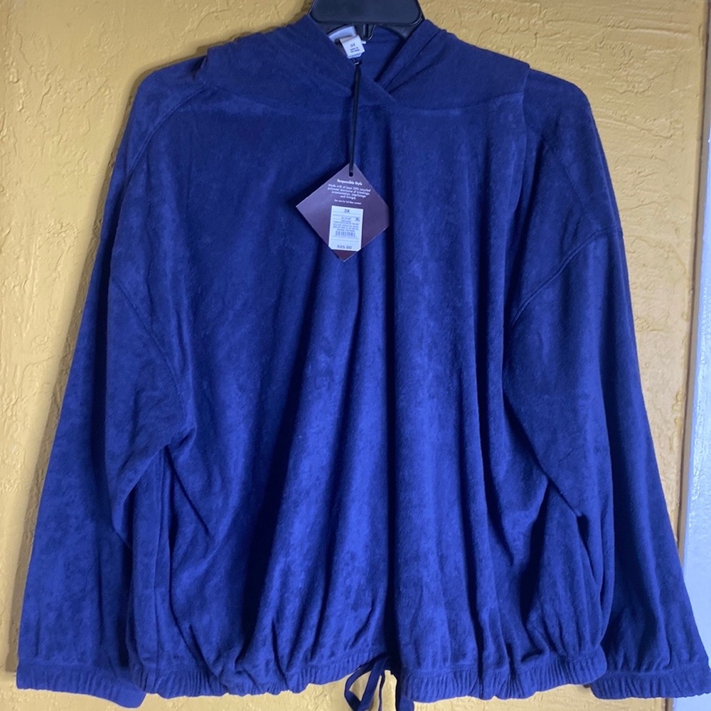 Blue hoodie with drawstring at the waist